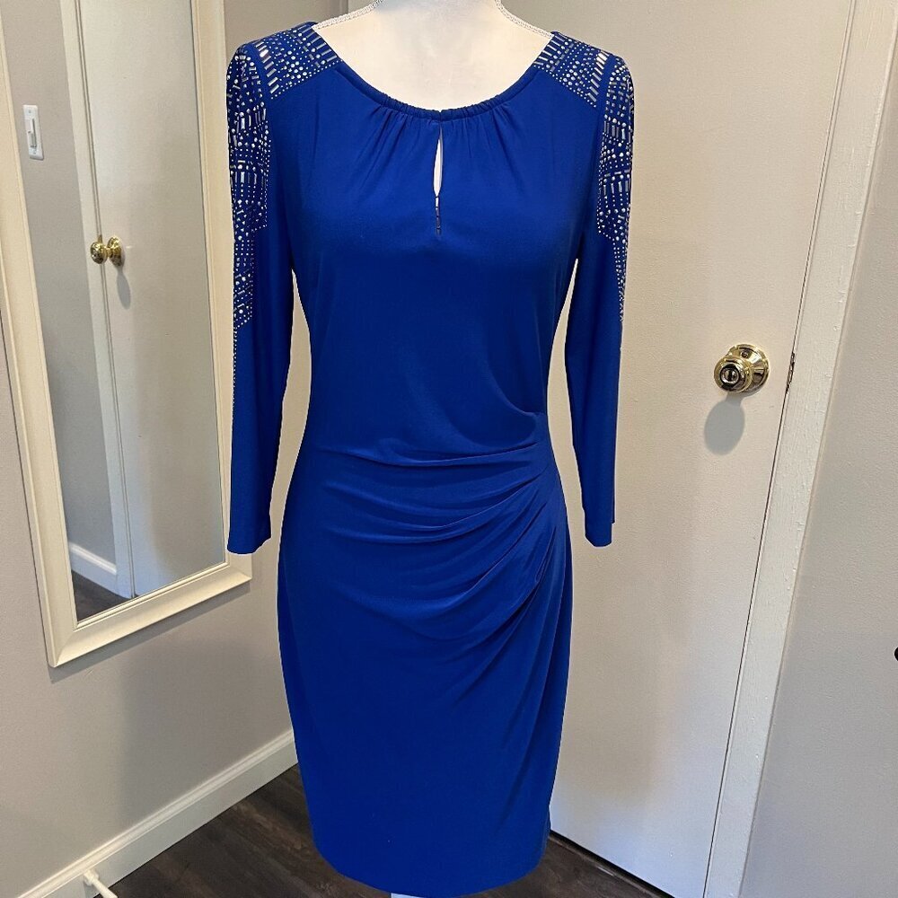 Cache Royal Blue Long Sleeve Ruched Embellished Dress, Size 6/8?